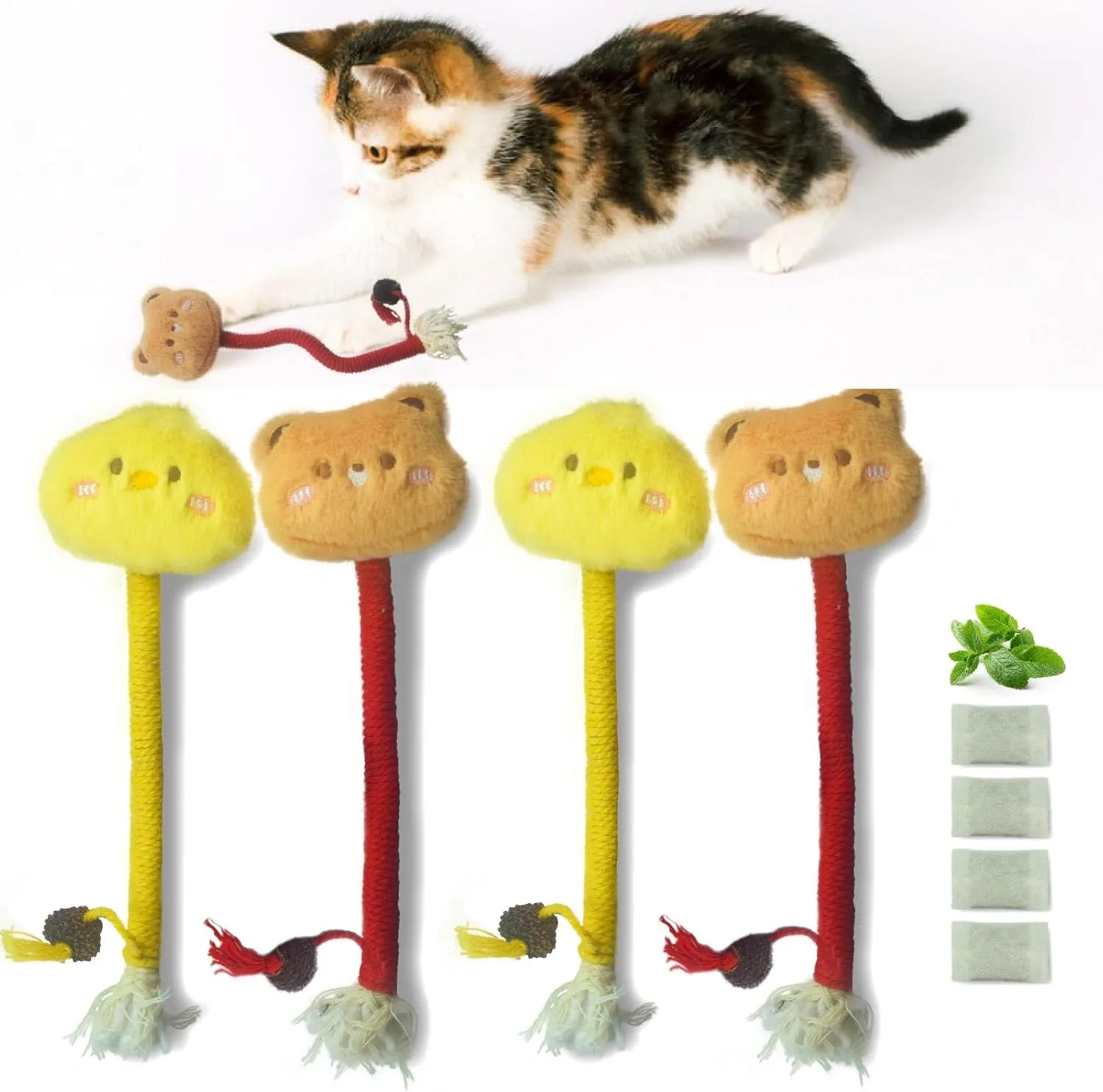 4Pcs Catnip Toys for Cats, Bite Resistant Cat Chew Toys with Gall Fruit, Soft Doll & 4 Pack Natural Catnips, 9" Kitten Teething Toys for Indoor Cats Kitten