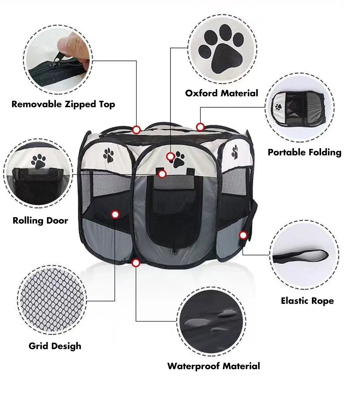 8 Panel Pet Dog Cat Crate Play Pen Bags Kennel Portable Tent Playpen Puppy Cage - grey