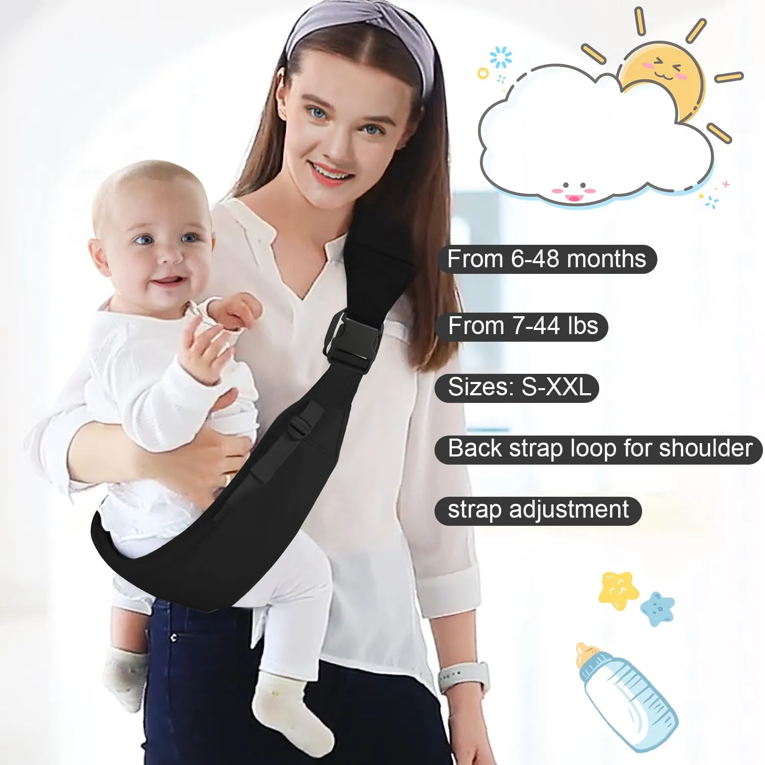 Baby Sling Carrier Newborn to Toddler,Updated Adjustable One Shoulder Labor-Saving Baby Holder Carrier,Tollder Sling Carrying 7-45 lbsBlack