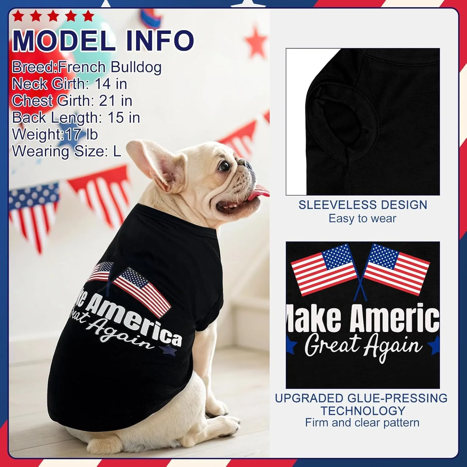 BINGPET 4th of July Dog Shirts Vest,American Flag Inspired Breathable Dog Shirt Tank Top Funny Summer Clothes,Independence Day Patriotic Pet Outfit Costume for Large Dogs Boy Girl