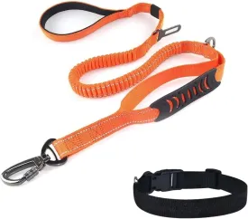 Bungee Dog Leash for Walking - 4-6FT Heavy Duty Dog Leash with Highly Reflective Threads and Buffer for Medium and Large Dogs,Durable Car Seat Belt (Orange)