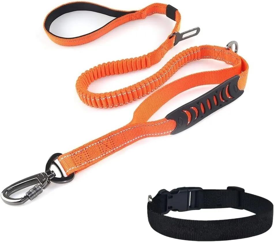 Bungee Dog Leash for Walking - 4-6FT Heavy Duty Dog Leash with Highly Reflective Threads and Buffer for Medium and Large Dogs,Durable Car Seat Belt (Orange)