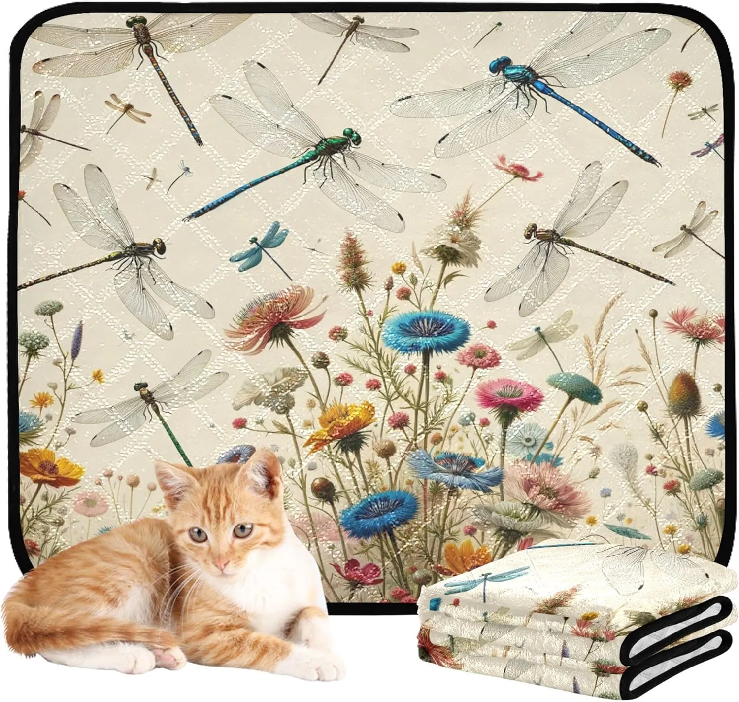 Burbuja Dragonfly Flowers Washable Pee Pad for Dogs, Absorbent Leakproof Puppy Training Pad Reusable & Waterproof & Non-Slip Whelping Pad for Playpen Crate Bed Sofa