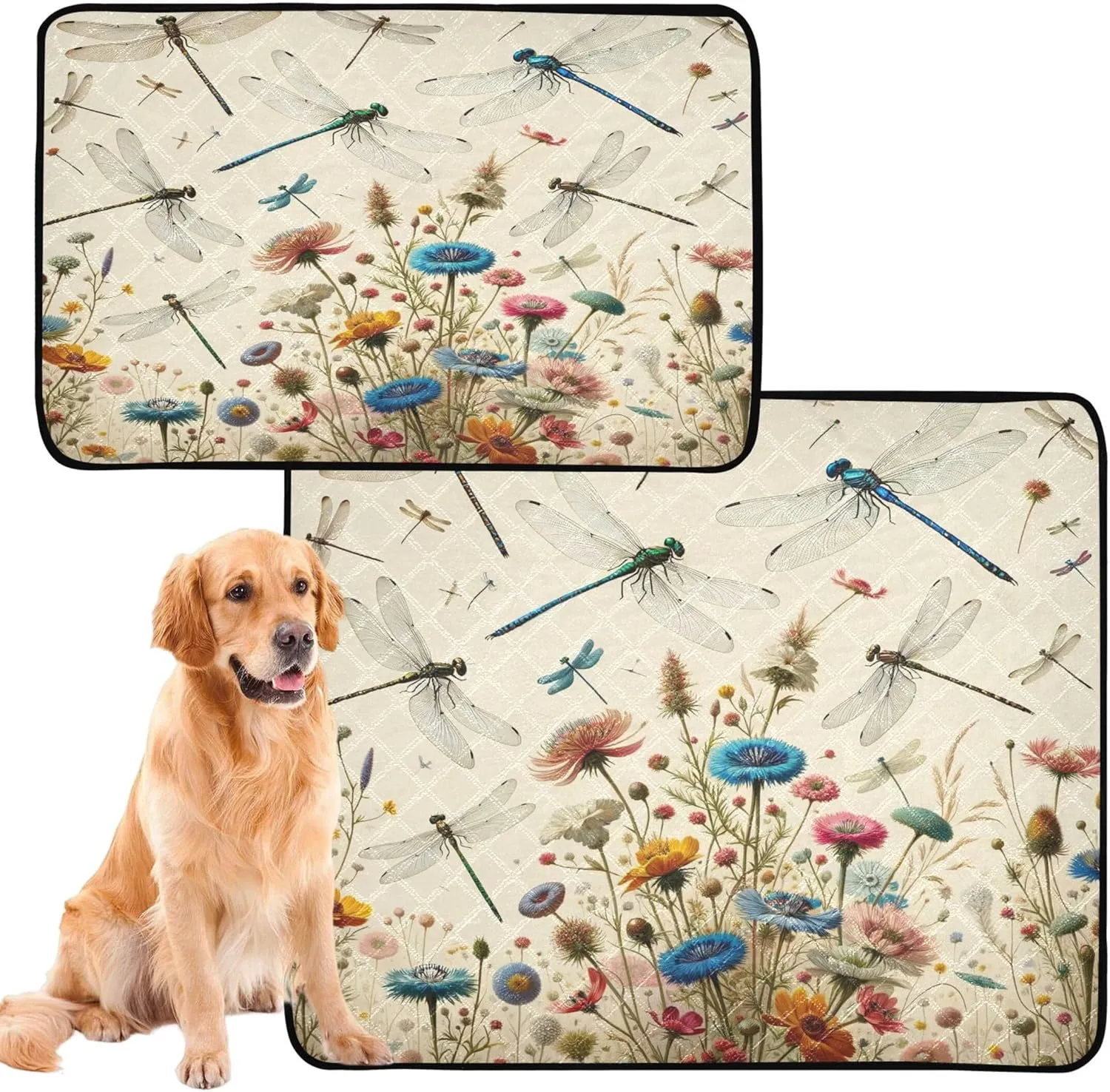 Burbuja Dragonfly Flowers Washable Pee Pad for Dogs, Absorbent Leakproof Puppy Training Pad Reusable & Waterproof & Non-Slip Whelping Pad for Playpen Crate Bed Sofa