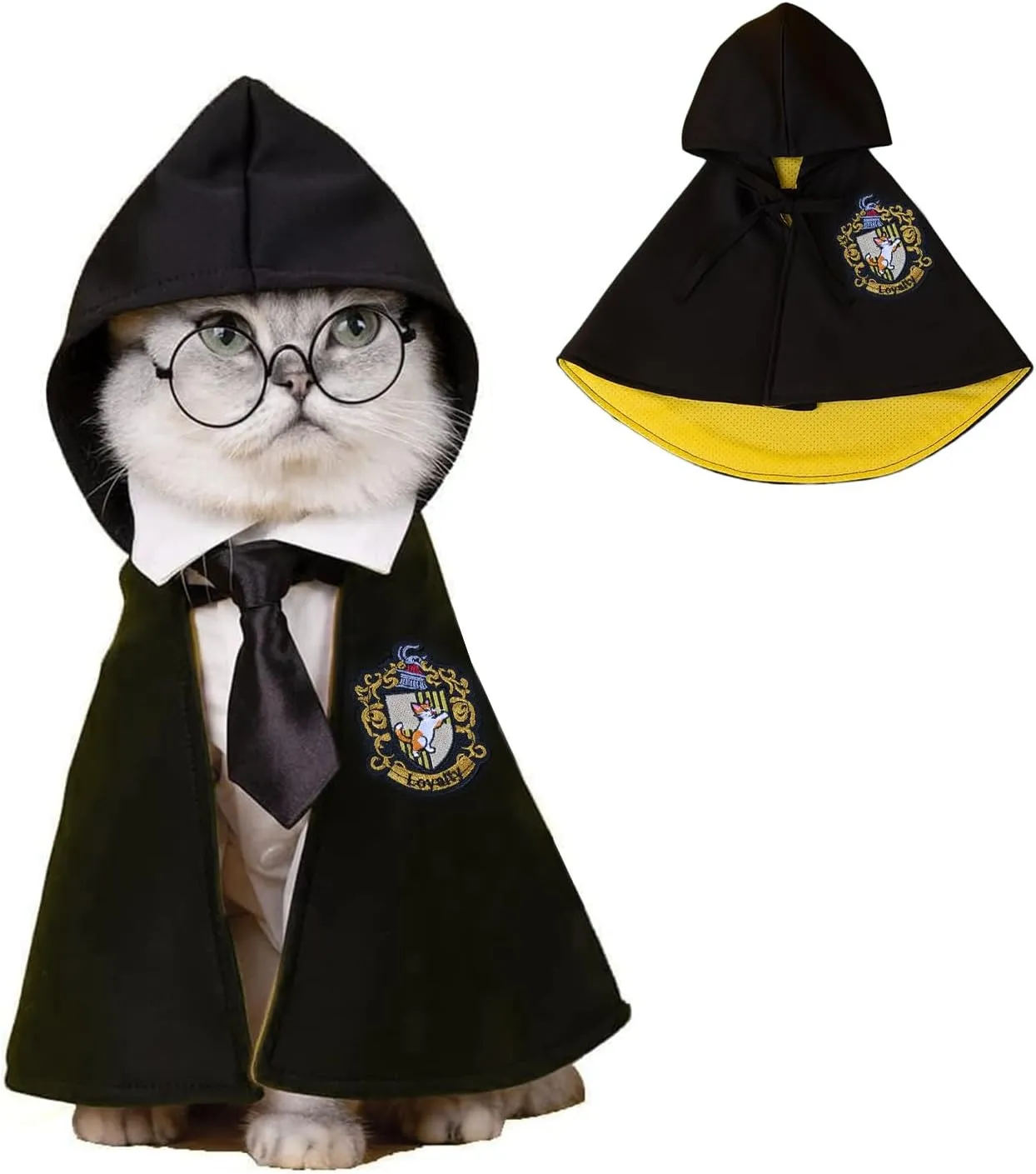 Cat Halloween Costume - Pet Wizard Costumes Mantle Magician Cosplay Clothes with Bowtie & Glasses Set, Festival Party Apparel for Small Pets Cats Dogs
