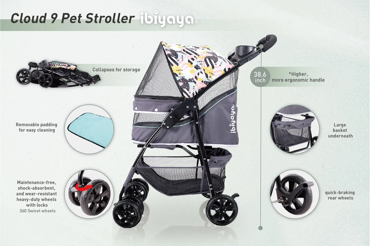 Cloud 9 Pet Stroller for Cats & Dogs up to 20kg - Mint Green