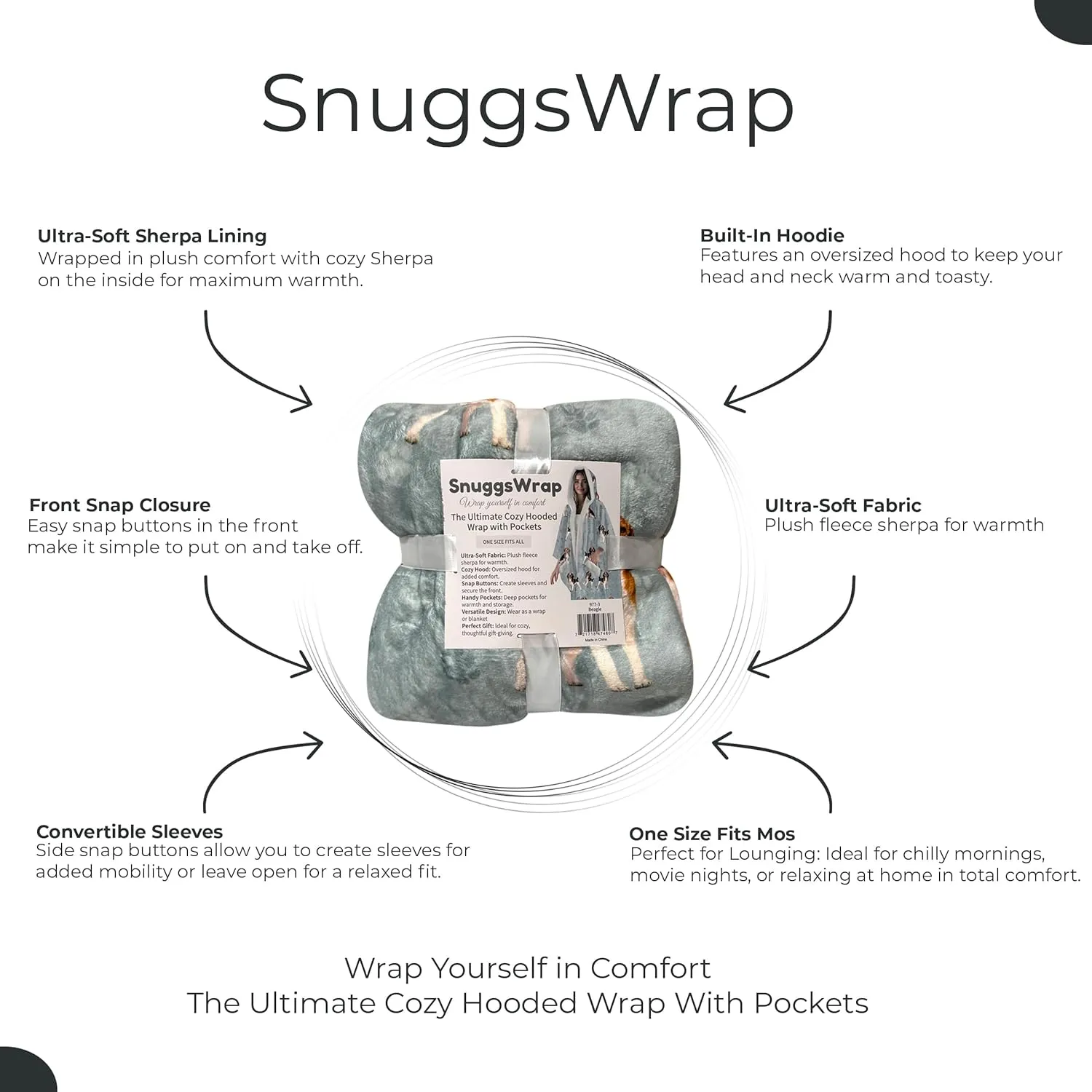 Cozy Sherpa Snugg Wrap for Women - Soft Fleece Blanket Hoodie - 32 Dog and Cat Breeds - Warm Lightweight Gift for Pet Lovers