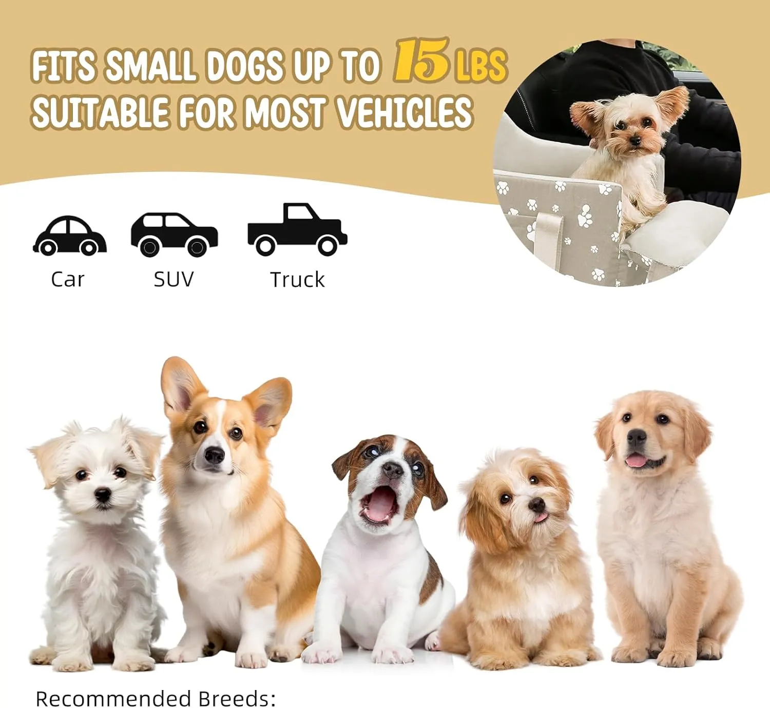 Cullaby Dog Car Seat for Small Dogs (Under 15 lbs)  Center Console Pet Carrier with Safety Belt, Storage Pockets & Removable Washable Cover (Khaki Car Seat)