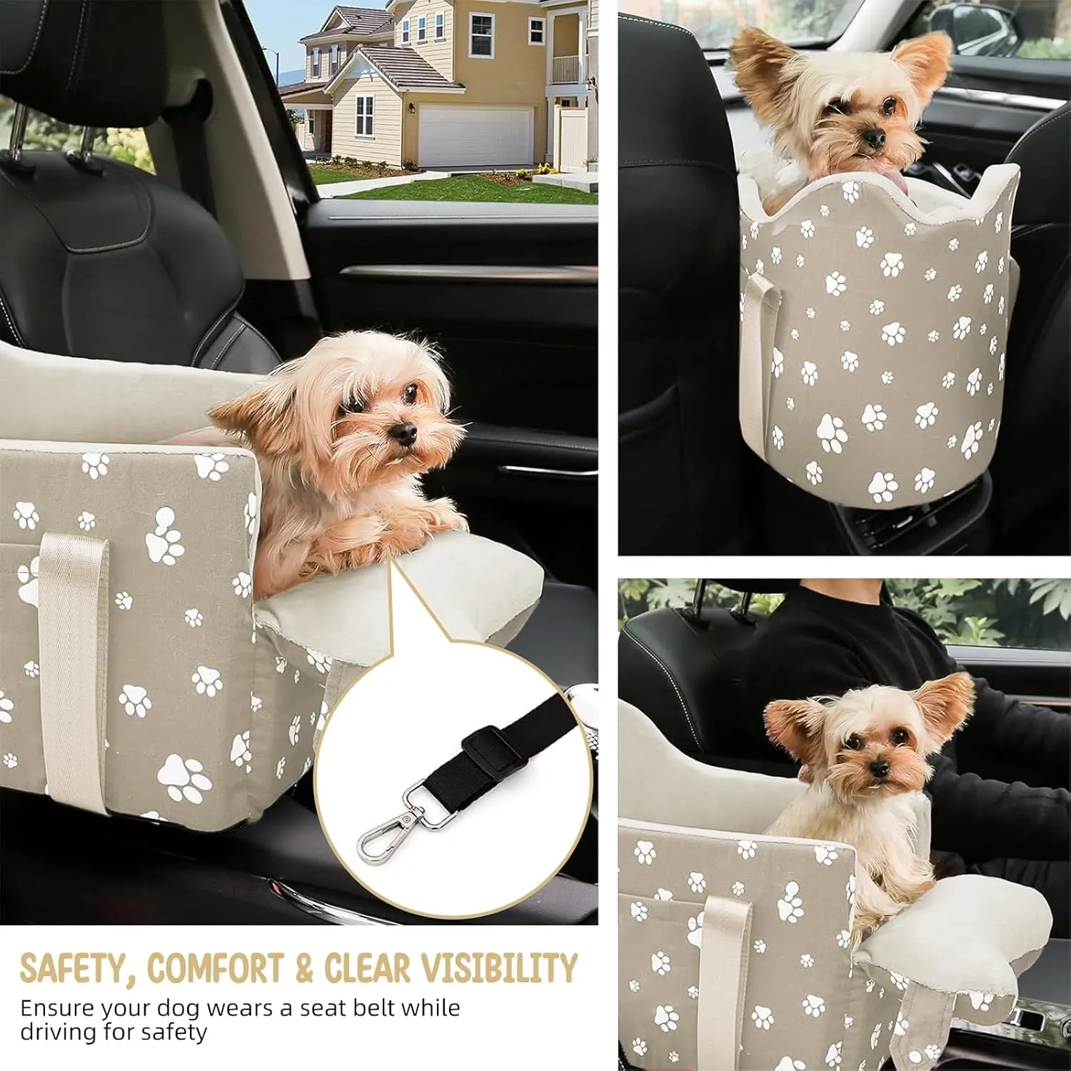 Cullaby Dog Car Seat for Small Dogs (Under 15 lbs)  Center Console Pet Carrier with Safety Belt, Storage Pockets & Removable Washable Cover (Khaki Car Seat)