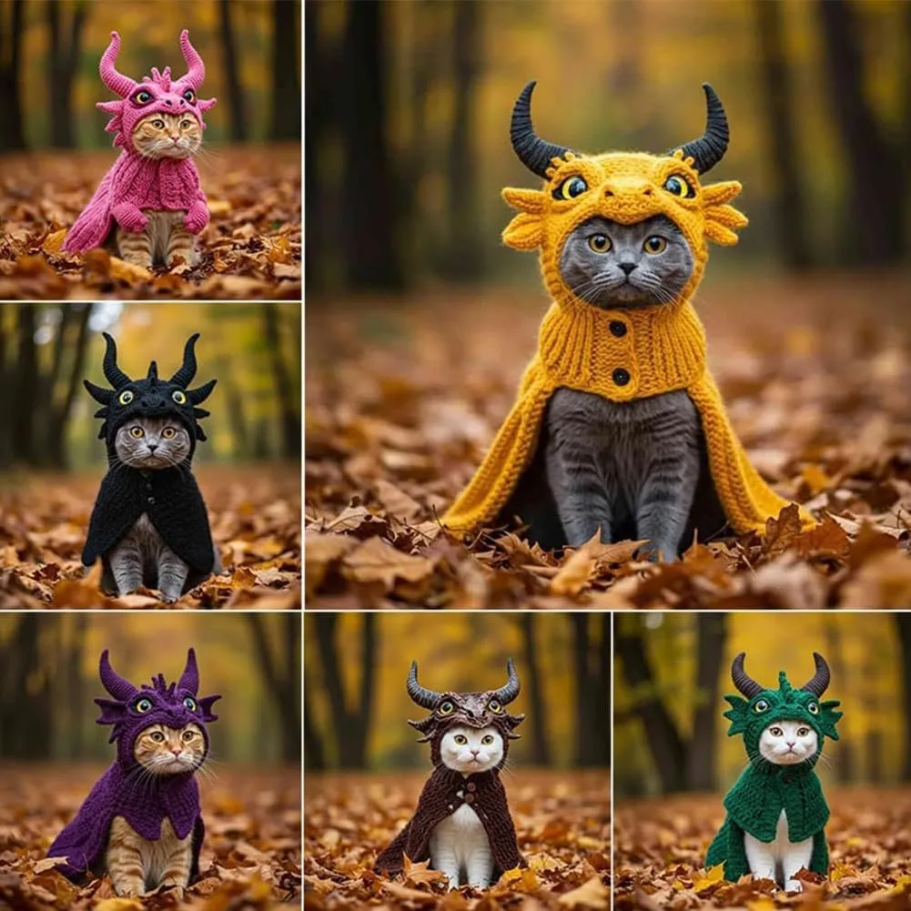 DIY Dragon Cat Hoodie Set,Cute Dragon Cosplay Clothes for Pets,Soft Cat Apparel,Stretchy Cotton Knitting Cats Shirts,Adjustable Cute & Fierce Pet Cosplay Outfit for Puppy Kitten Small Medium Dogs Cats