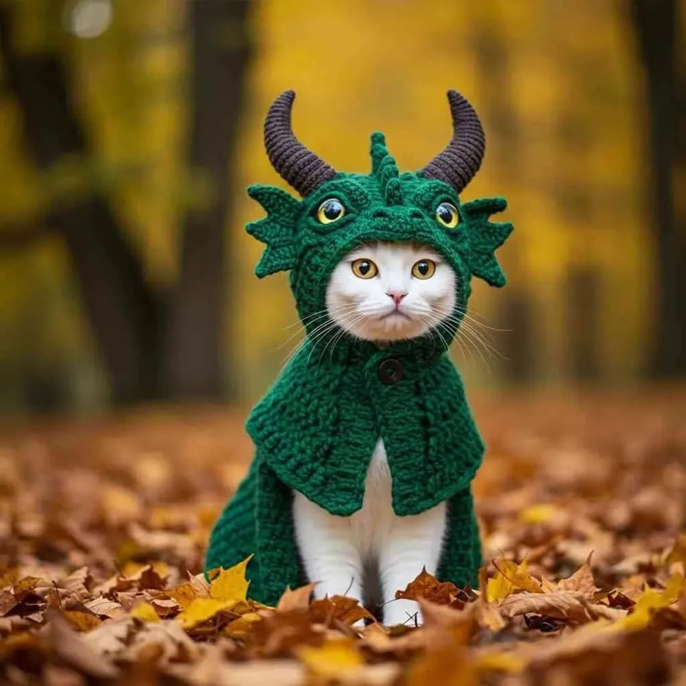 DIY Dragon Cat Hoodie Set,Cute Dragon Cosplay Clothes for Pets,Soft Cat Apparel,Stretchy Cotton Knitting Cats Shirts,Adjustable Cute & Fierce Pet Cosplay Outfit for Puppy Kitten Small Medium Dogs Cats