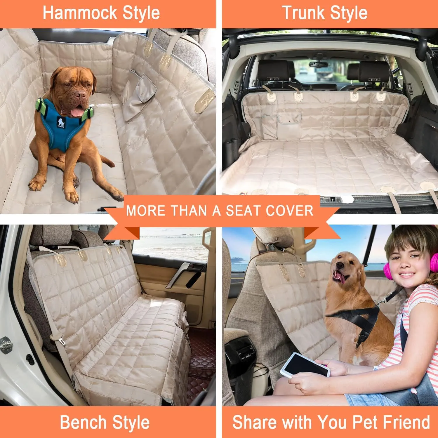 Dog Car Seat Cover for Back Seat Dog Seat Cover Hammock for Truck SUV - Waterproof Pet Car Seat Protector for Backseats,Beige Regular