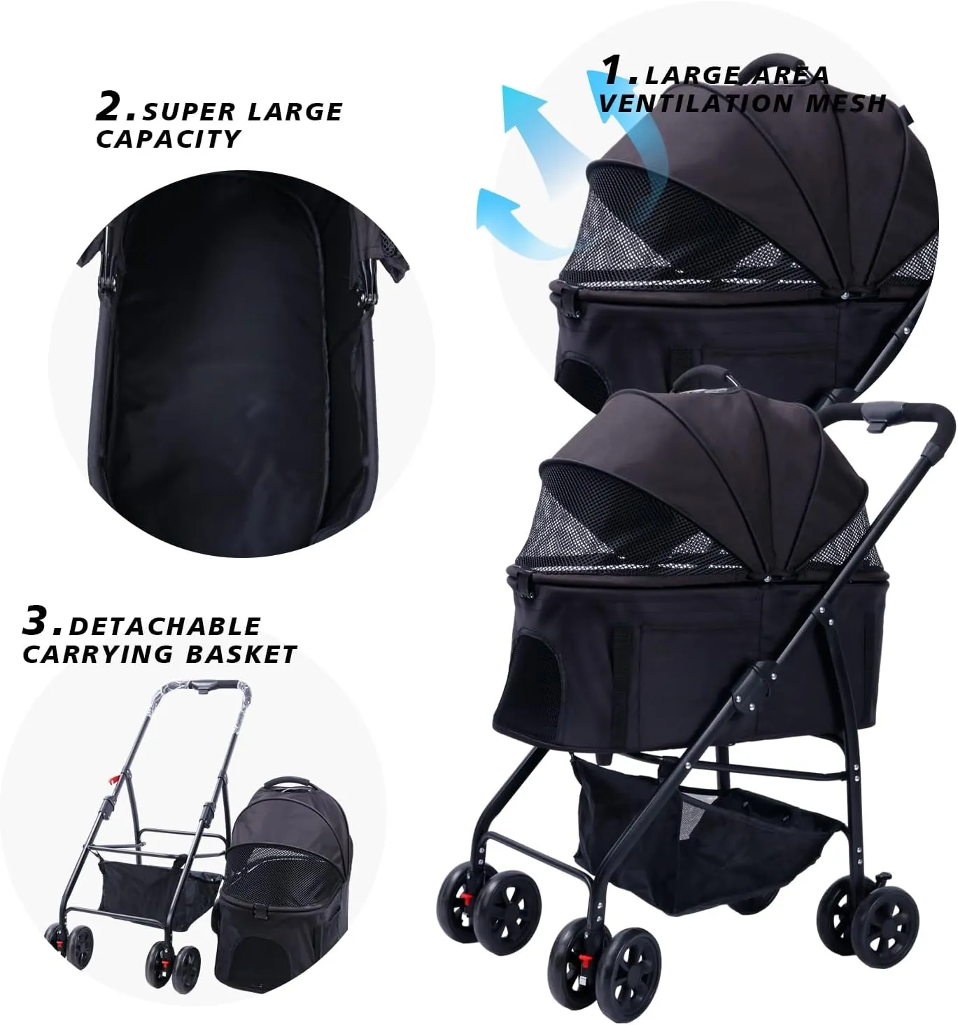 Dog Cat Stroller 3-in-1 Folding Lightweight for Small Medium Dog Cat with Detachable Carrier,Premium 4 Wheels Travel Stroller for Puppies, Doggies (Black)