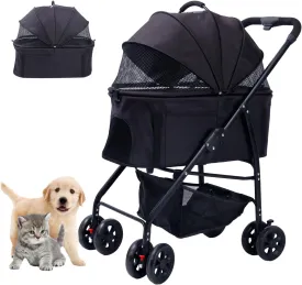Dog Cat Stroller 3-in-1 Folding Lightweight for Small Medium Dog Cat with Detachable Carrier,Premium 4 Wheels Travel Stroller for Puppies, Doggies (Black)
