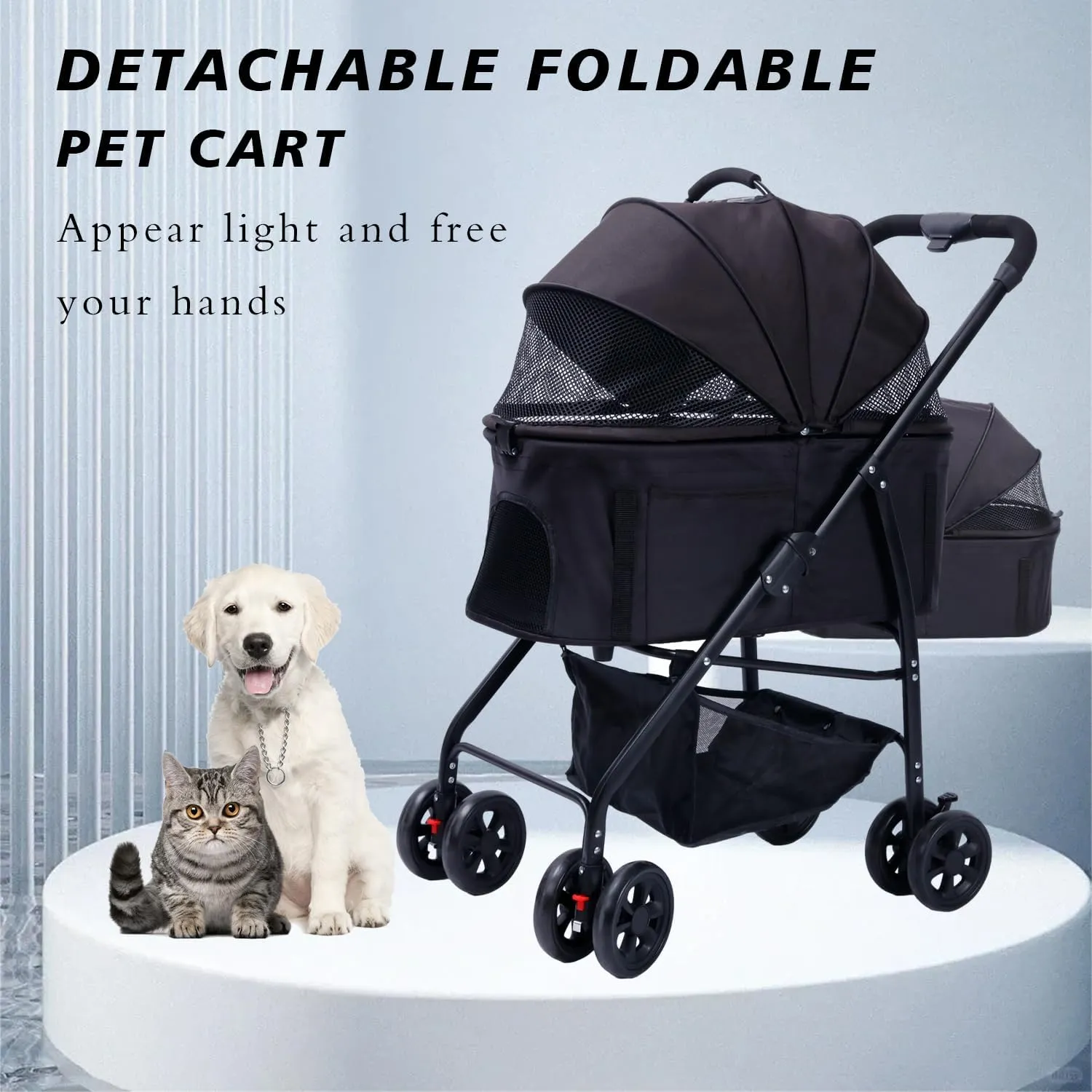 Dog Cat Stroller 3-in-1 Folding Lightweight for Small Medium Dog Cat with Detachable Carrier,Premium 4 Wheels Travel Stroller for Puppies, Doggies (Black)