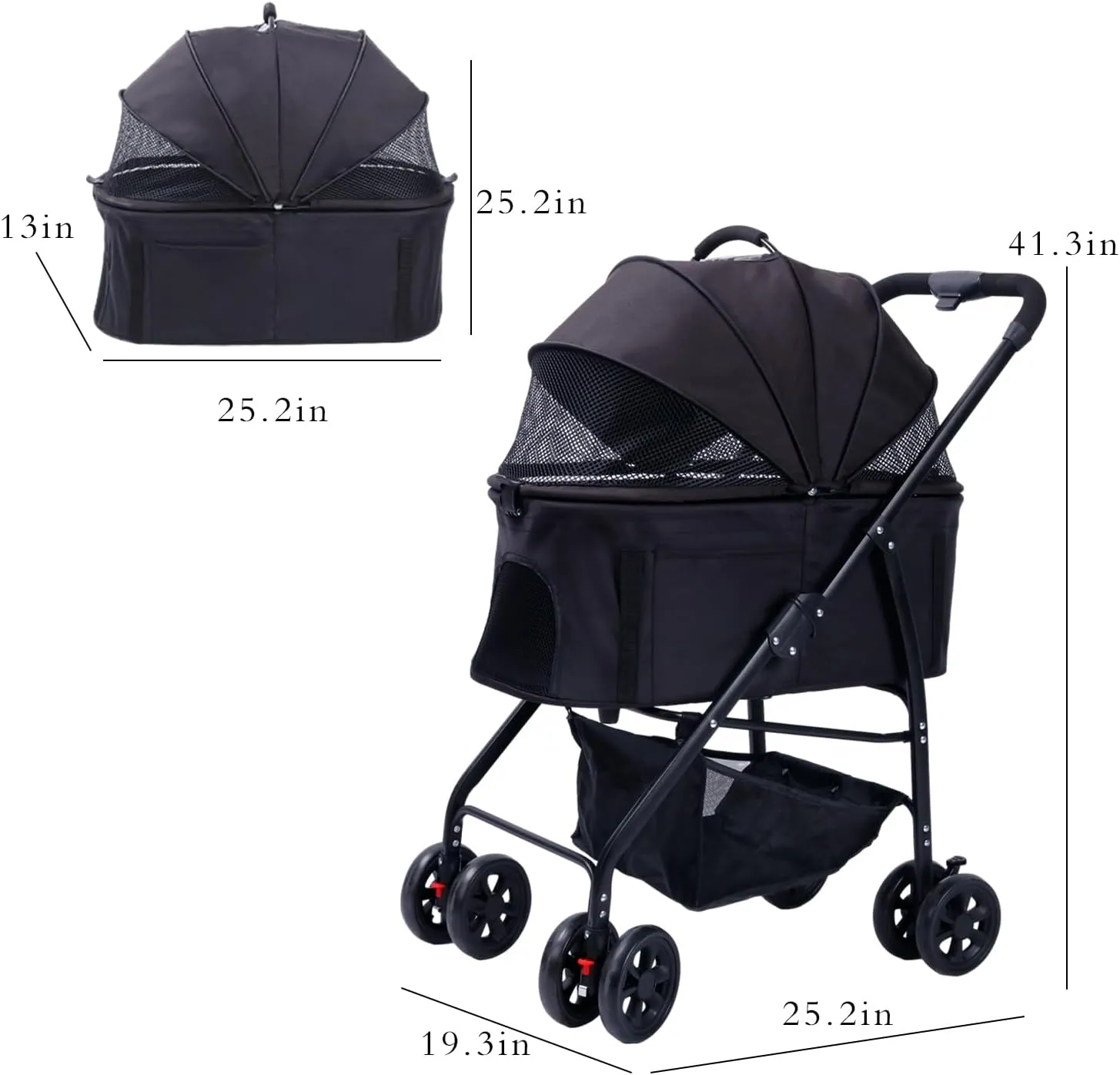 Dog Cat Stroller 3-in-1 Folding Lightweight for Small Medium Dog Cat with Detachable Carrier,Premium 4 Wheels Travel Stroller for Puppies, Doggies (Black)