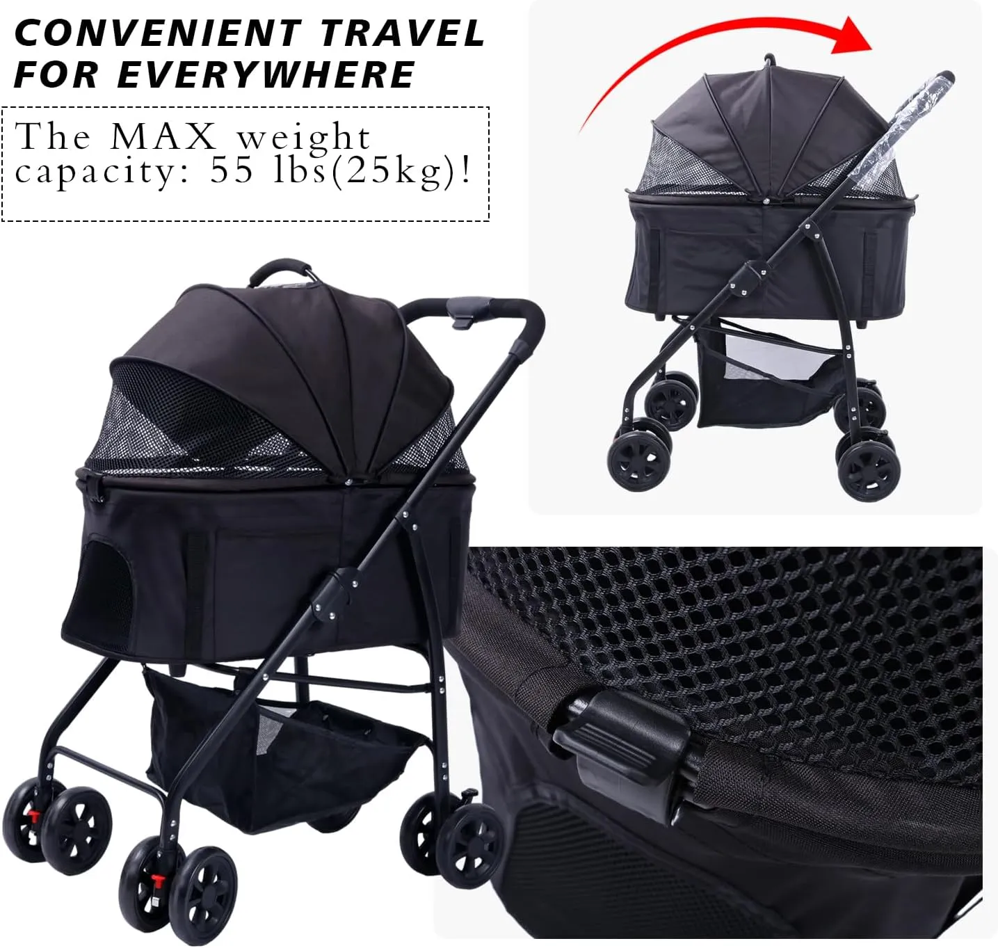 Dog Cat Stroller 3-in-1 Folding Lightweight for Small Medium Dog Cat with Detachable Carrier,Premium 4 Wheels Travel Stroller for Puppies, Doggies (Black)