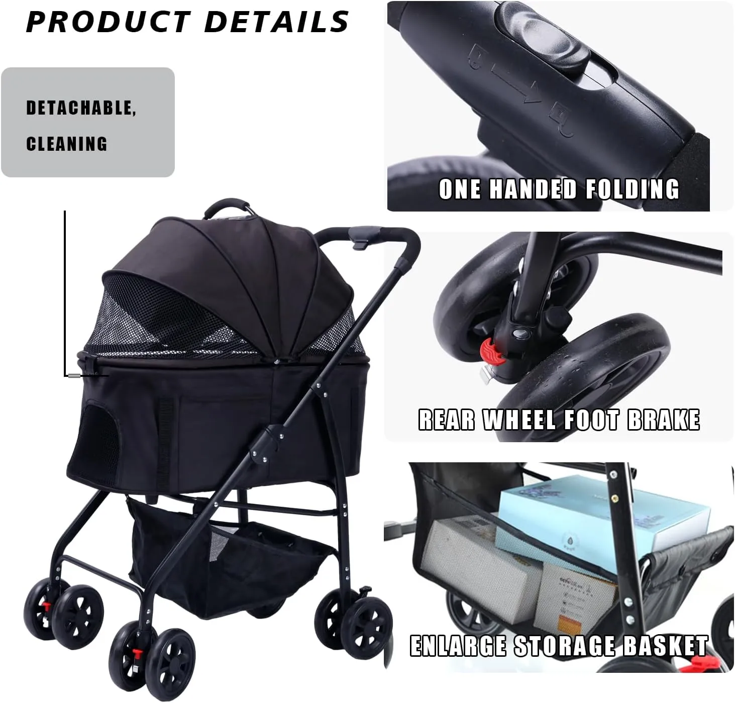 Dog Cat Stroller 3-in-1 Folding Lightweight for Small Medium Dog Cat with Detachable Carrier,Premium 4 Wheels Travel Stroller for Puppies, Doggies (Black)
