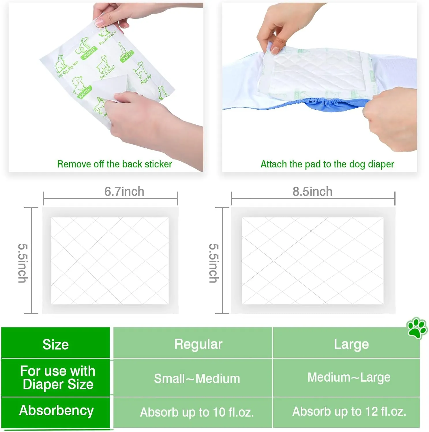 Dog Diaper Liners 100ct Super Soft and Absorbent Dog Diaper Booster Pads for Male Dog Belly Bands or Female Dog Diapers(Regular, 100pcs)