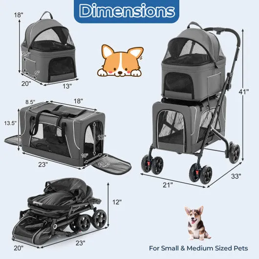 Double Pet Stroller Foldable 3-in-1 Dog Stroller with 2 Detachable Carriers-Gray