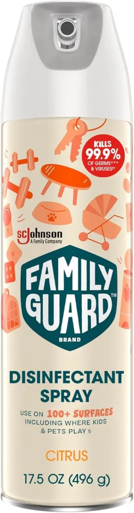 FamilyGuard Disinfectant Spray Aerosol, Antibacterial & Sanitizing Spray, Use on 100  surfaces including where kids & pets play, Citrus Scent, 17.5 oz (Pack of 1)