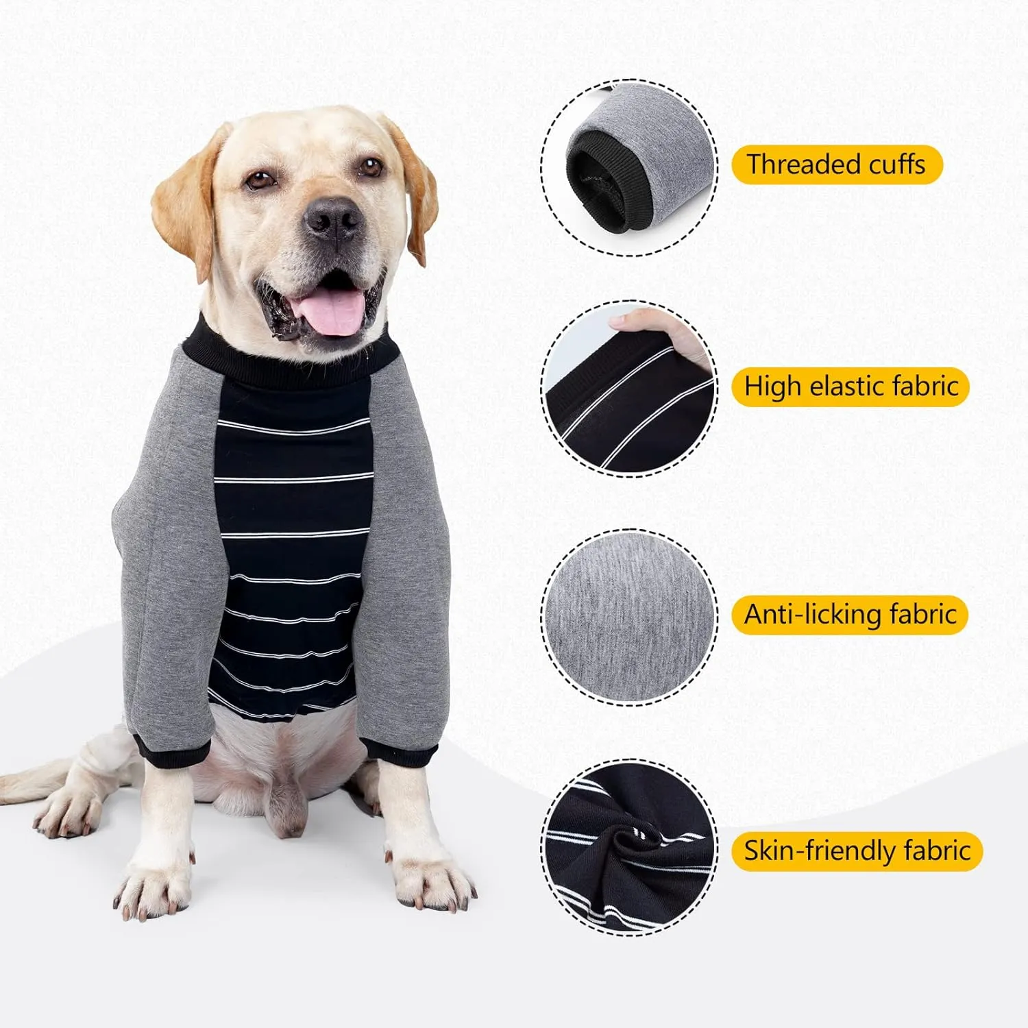 GabeFish Anti-Licking Dog Shirt, Long Sleeve T-Shirt for Pets, BlackGrey Medium