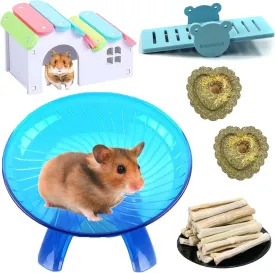 Hamiledyi Hamsters Flying Saucer Silent Mouse Wheel Small Gerbil Running Exercise Toy Kit with Rainbow House Seesaw Grass Cake Sweet Bamboo Snacks for Dwarf Mice 10 Pcs
