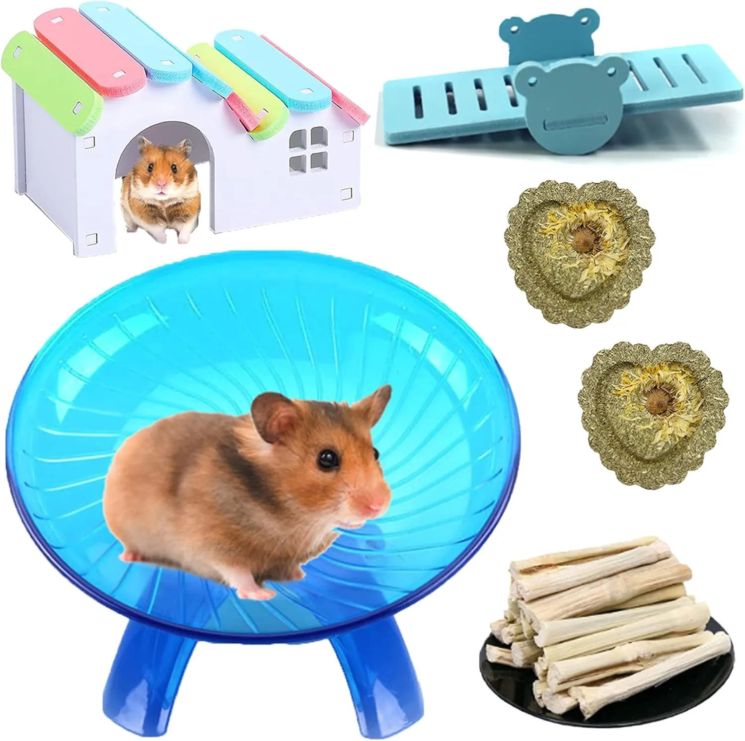 Hamiledyi Hamsters Flying Saucer Silent Mouse Wheel Small Gerbil Running Exercise Toy Kit with Rainbow House Seesaw Grass Cake Sweet Bamboo Snacks for Dwarf Mice 10 Pcs