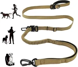 Hands Free Dog Leash, Shock Absorbing Bungee Leash with Car Safety Buckle for Walking Running Training, Padded Dual Handle and Reflective Strip, 6.3-8.5Ft MAX extented to 9.7FT (Khaki)