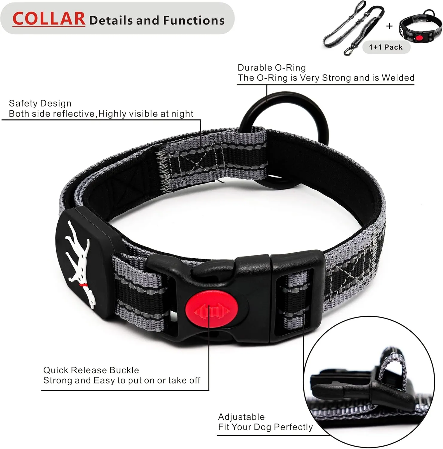 Heavy Duty Bungee Dog Collar and Leash Set - 4-6Ft Length with Reflective Strips, 2 Control Handles, Car Seat Belt for Large Dogs - Size L - Black