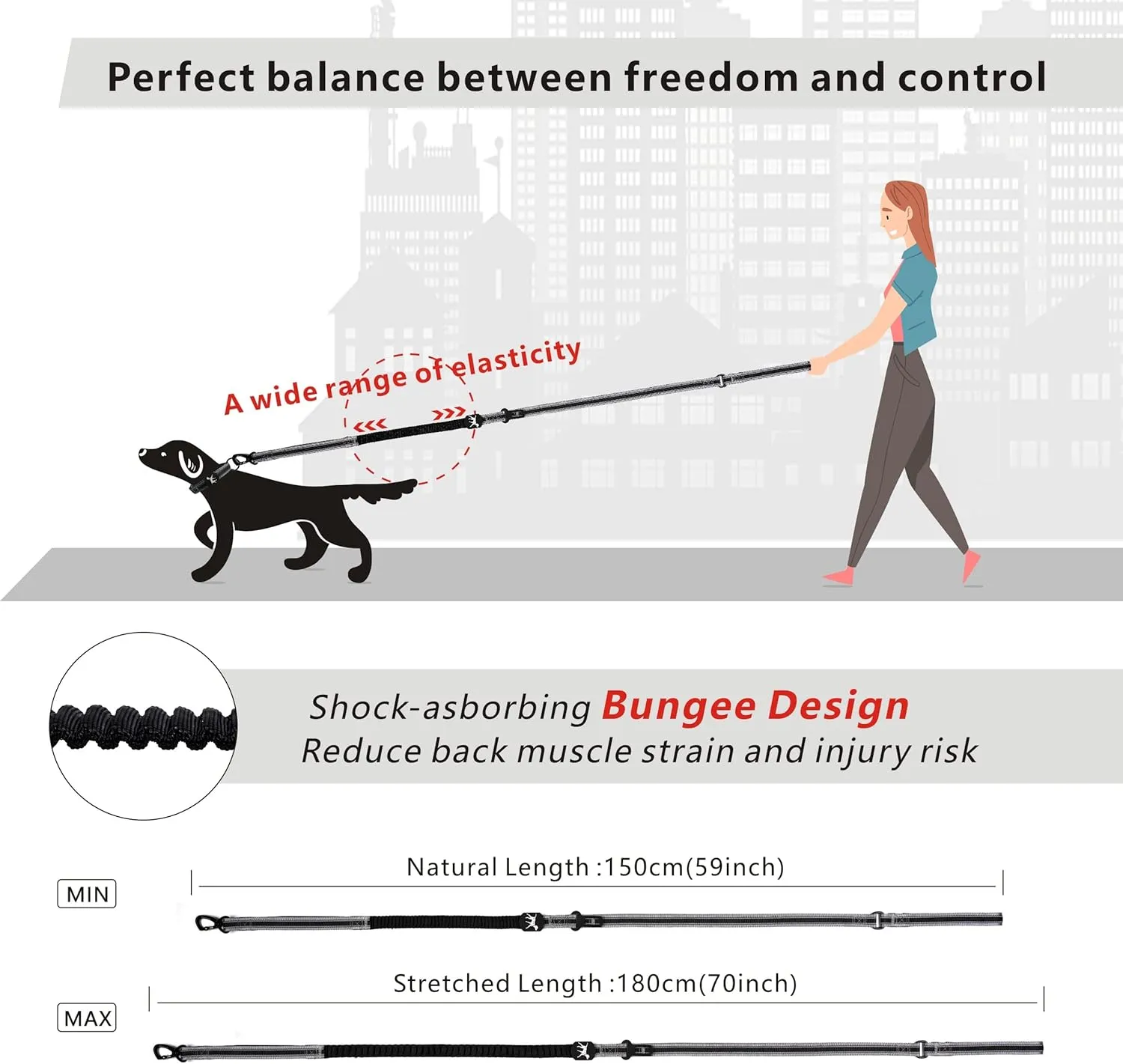 Heavy Duty Bungee Dog Collar and Leash Set - 4-6Ft Length with Reflective Strips, 2 Control Handles, Car Seat Belt for Large Dogs - Size L - Black