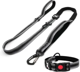 Heavy Duty Bungee Dog Collar and Leash Set - 4-6Ft Length with Reflective Strips, 2 Control Handles, Car Seat Belt for Large Dogs - Size L - Black
