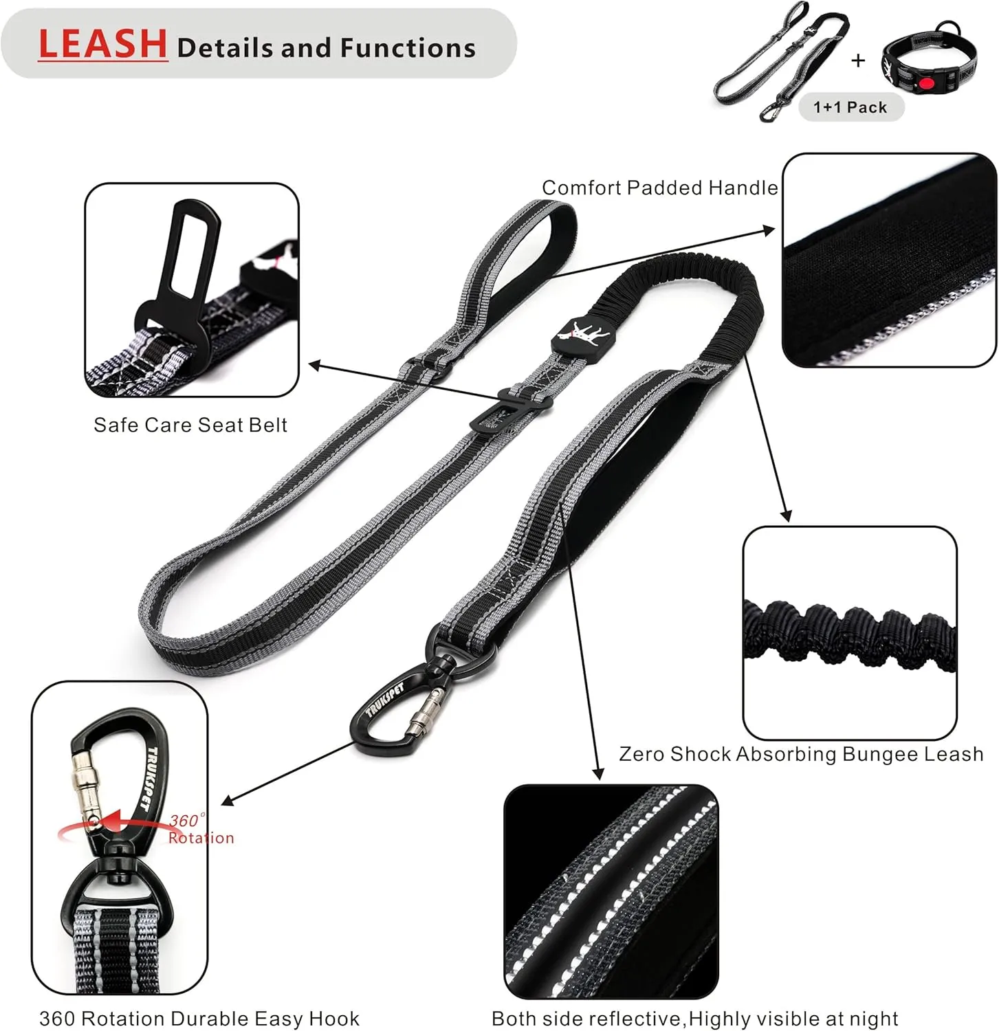 Heavy Duty Bungee Dog Collar and Leash Set - 4-6Ft Length with Reflective Strips, 2 Control Handles, Car Seat Belt for Large Dogs - Size L - Black