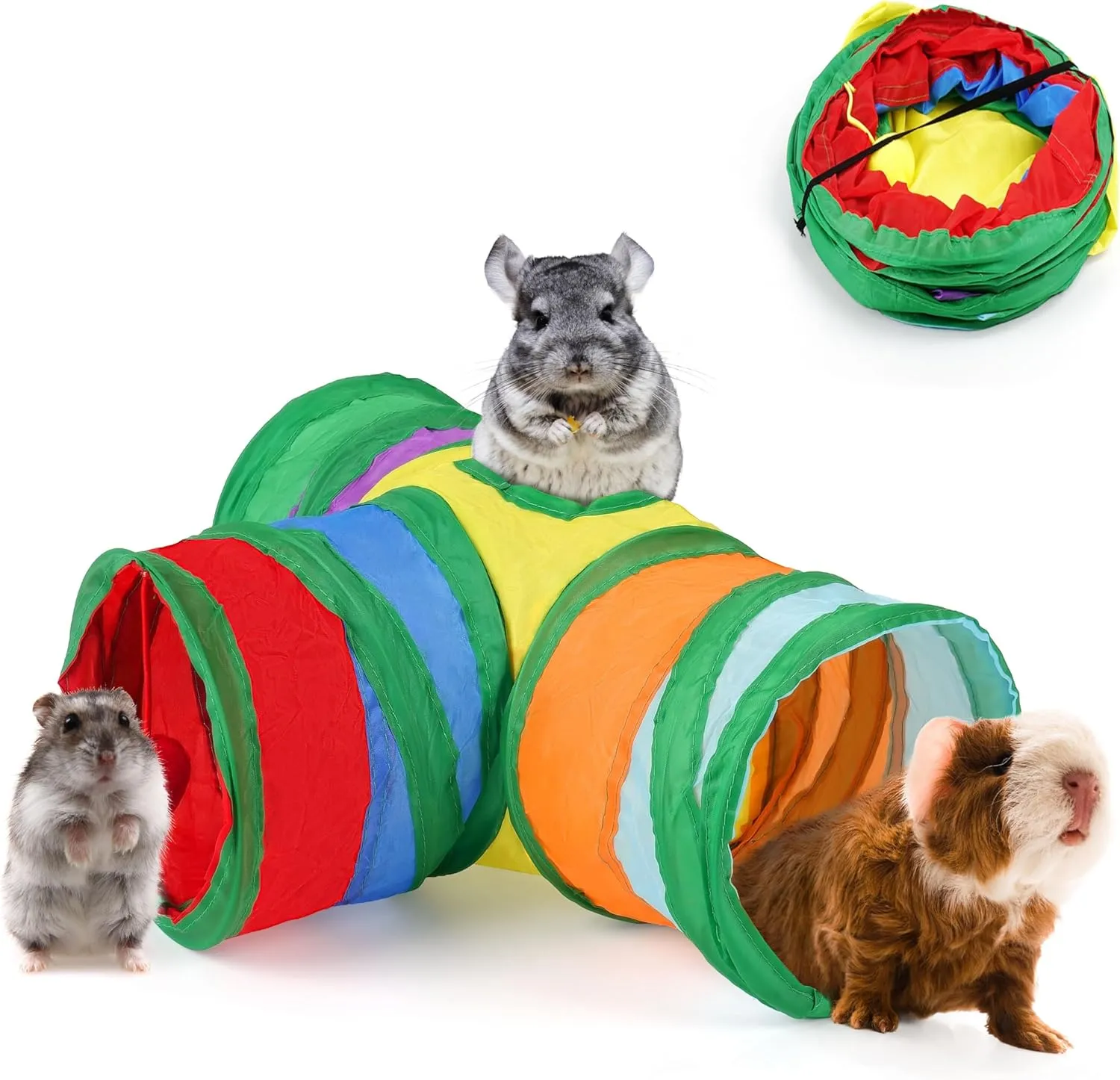 HIIMALEX Guinea Pig Tunnel 3-Way Collapsible Tube for Guinea Pigs Ferrets Hedgehogs Chinchillas Hamsters with Interactive Toy for Play and Rest