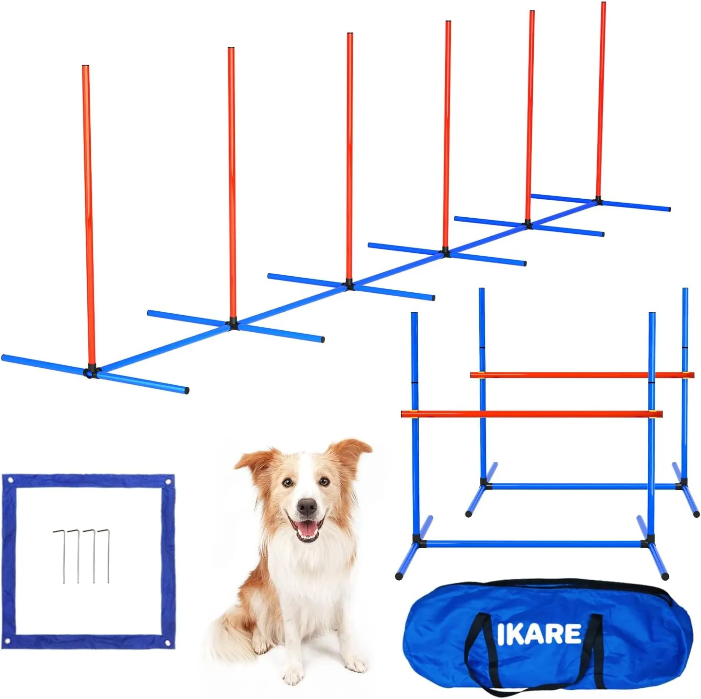 IKARE 4 Piece Dog Agility Training Equipment Pet Obstacle Course Training Starter Kit for Outdoor/Indoor with Adjustable Jumping Hurdles, Weave Poles, Pause Box