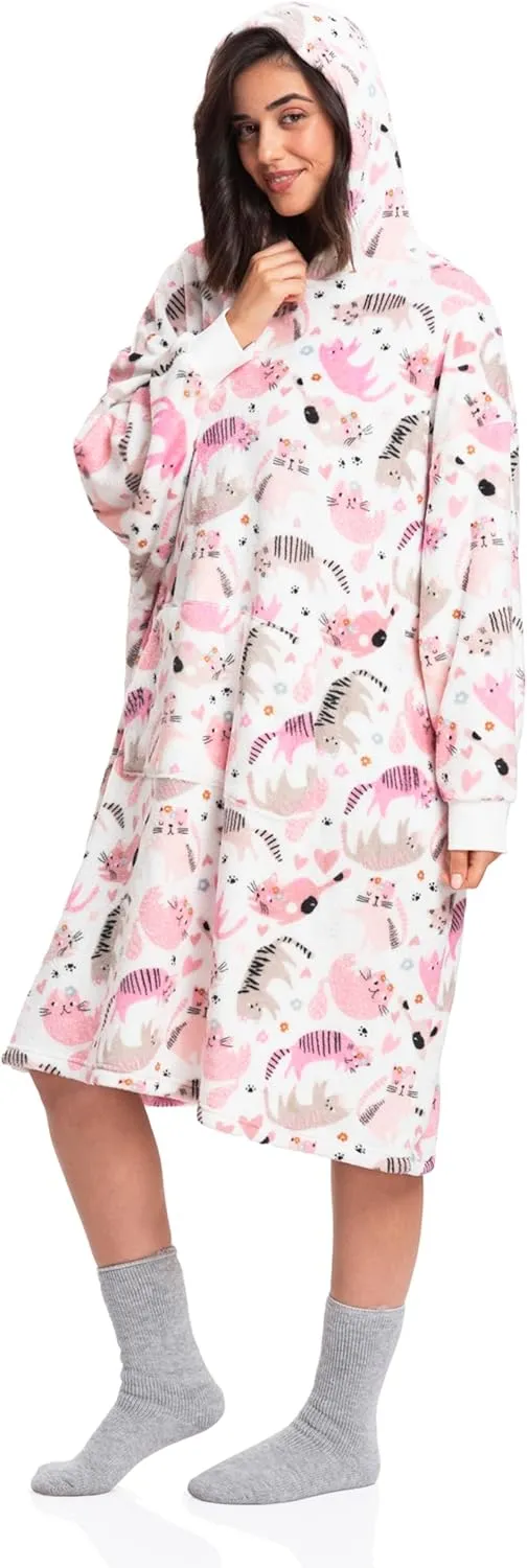 Mad Dog Sherpa Fleece Wearable Blanket Hoodie for Adult Women with Long Sleeves, Cozy Hooded Poncho Jacket