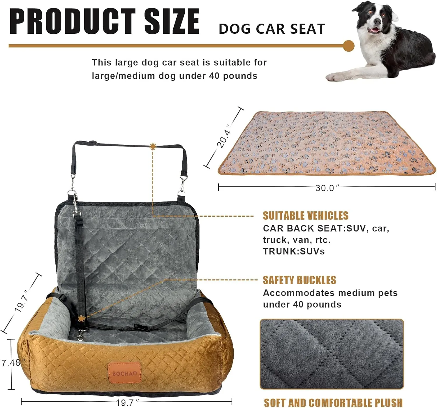 Medium Small Dog Booster Seat - Multi-Function Travel Bed & Sofa Cushion, Includes Dog Blanket, Comfortable & Safe, Fits Cars/Trucks/SUV