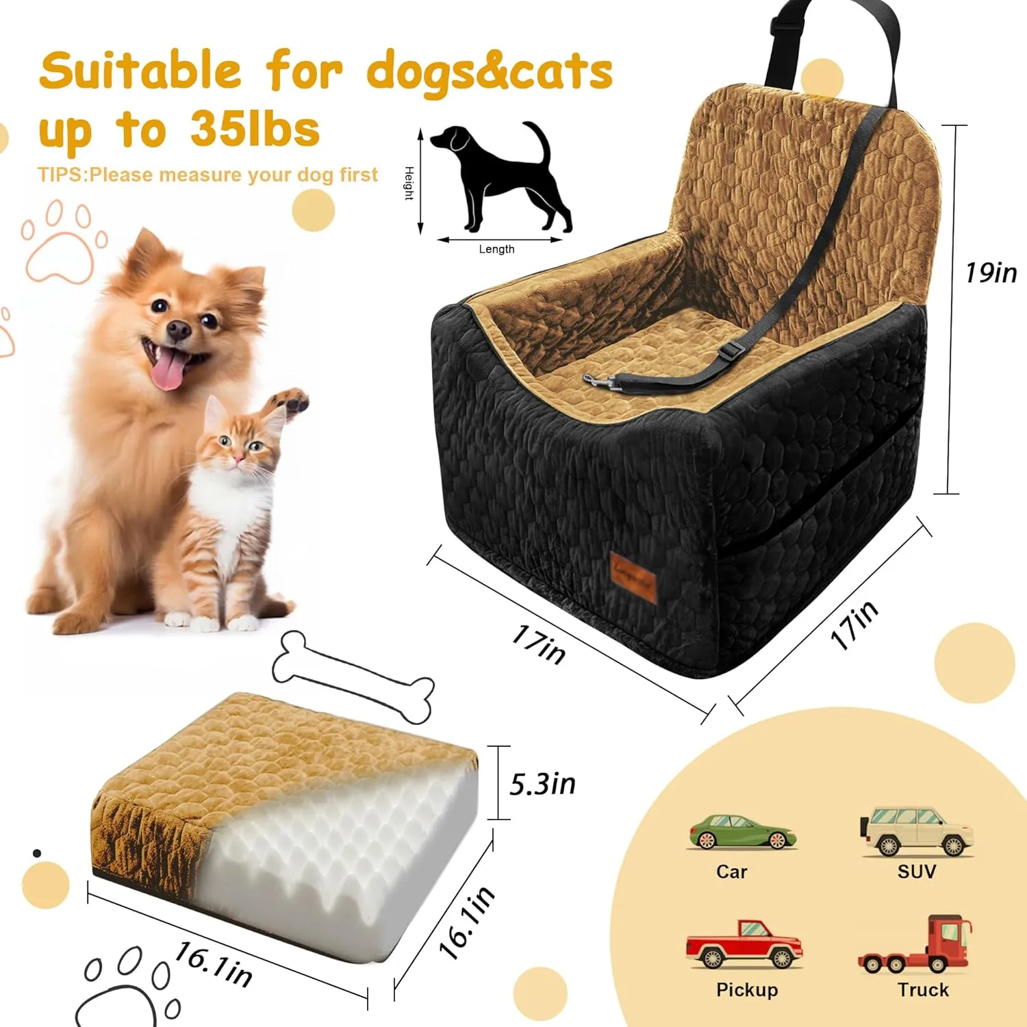 melafa365 Dog Car Seat for Small Medium Dogs, Memory Foam Dog Booster Seat, Elevated Pet Car Seat for Dogs up to 35 lbs,with Washable Removable Cover, Storage Pockets (Brown)