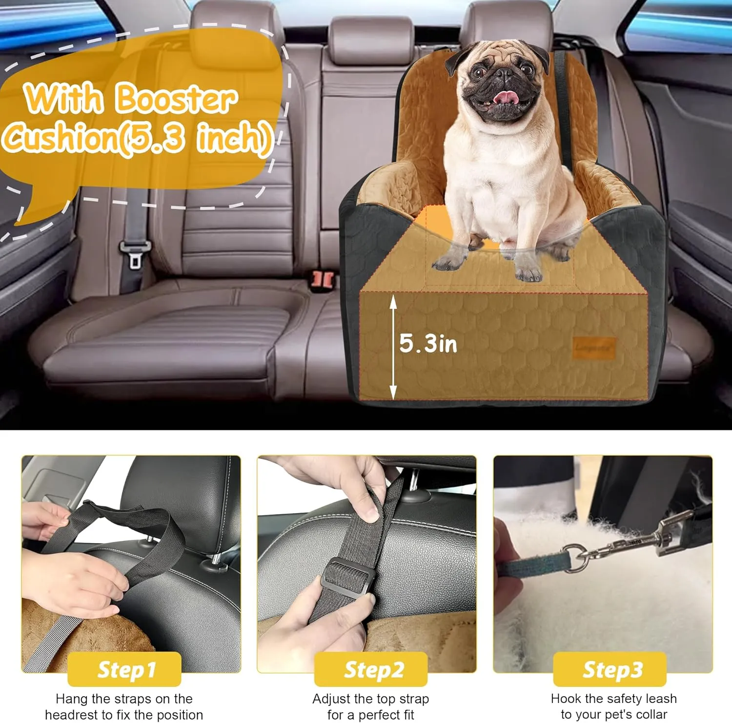 melafa365 Dog Car Seat for Small Medium Dogs, Memory Foam Dog Booster Seat, Elevated Pet Car Seat for Dogs up to 35 lbs,with Washable Removable Cover, Storage Pockets (Brown)