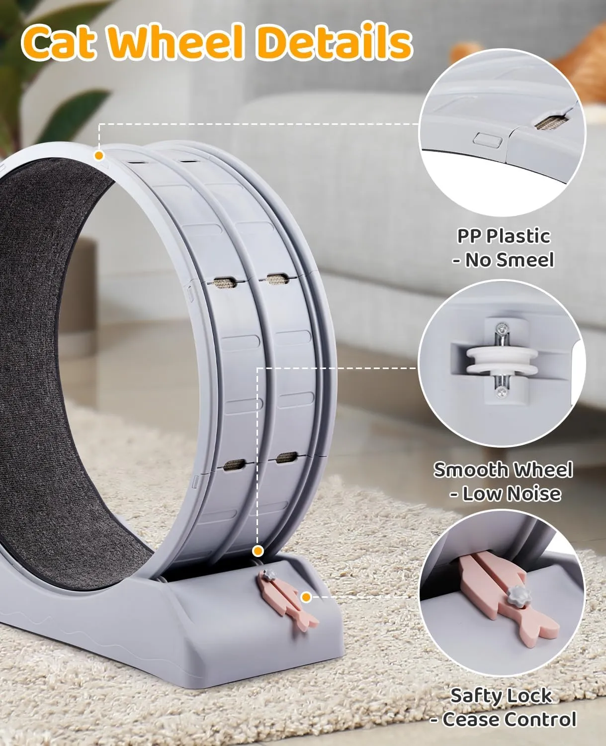 Outvita Cat Wheel, PP Plastic Cat Exercise Wheel for Quiet Running Indoor Use, 31.5" Cat Treadmill with Carpeted Wheel, Cat Exerciser Helps Cats to Lose Weight and Keep Health, Easy to InstallGray
