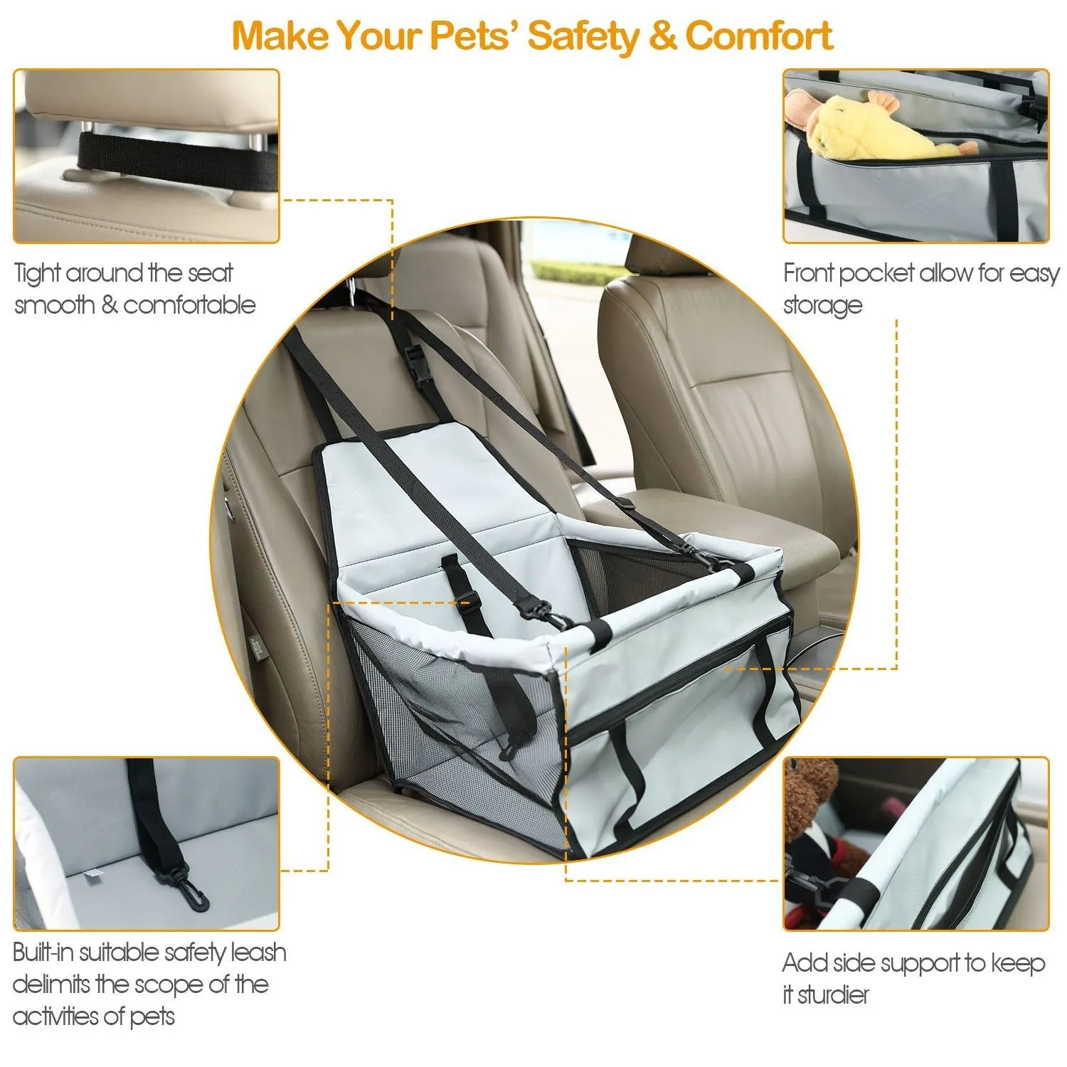 Pet Travel Carrier with Clip-On Safety Leash Zipper Storage Pocket for Pets up to 20lbs