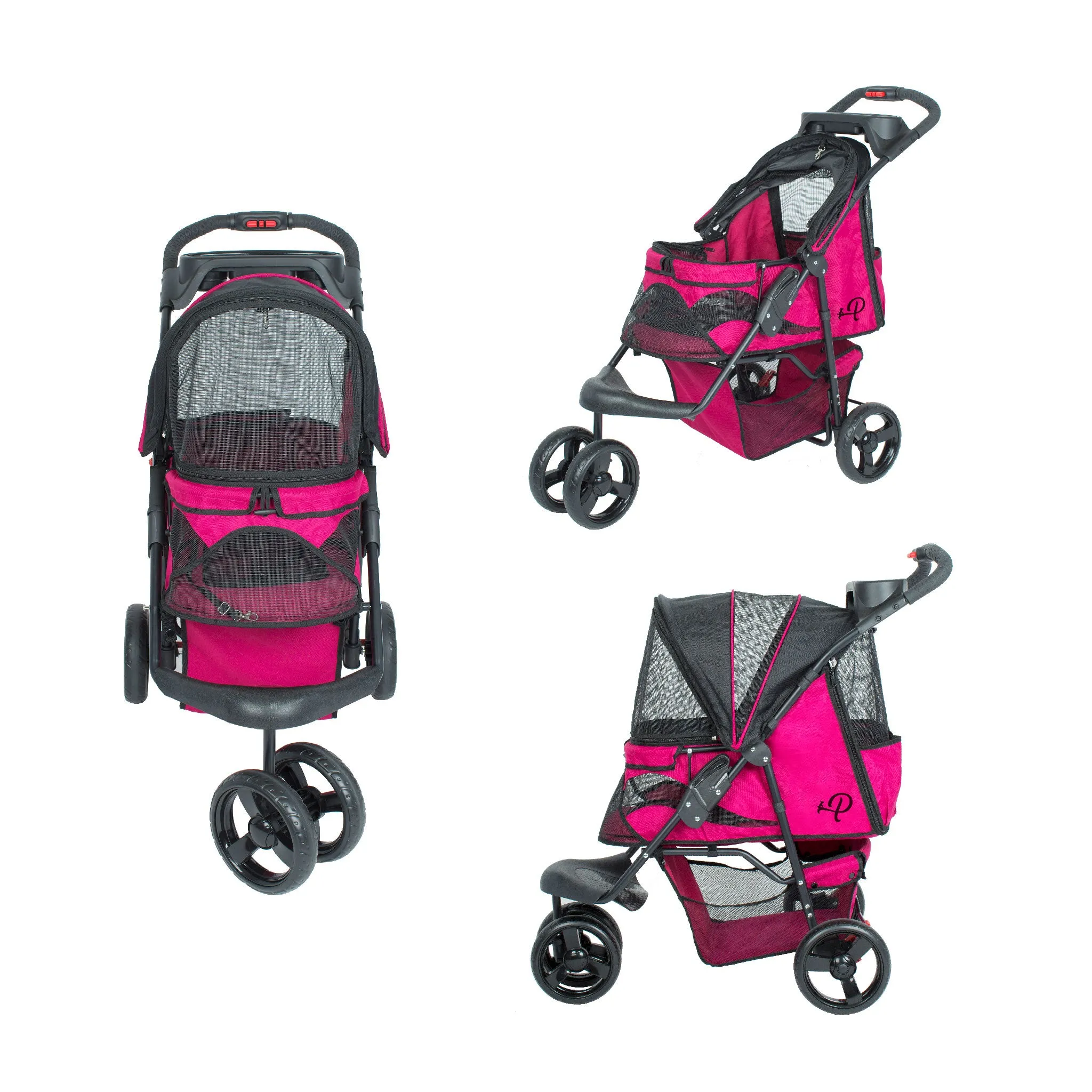 Petique Durable Pet Stroller with Rain/Weather Cover, Large Wheels, Easy Fold, Large Storage Basket, Secure Cup Holder Tray, for Small to Medium Dog, Cat, Bunny, Supports pets up to 55LBS - PINK