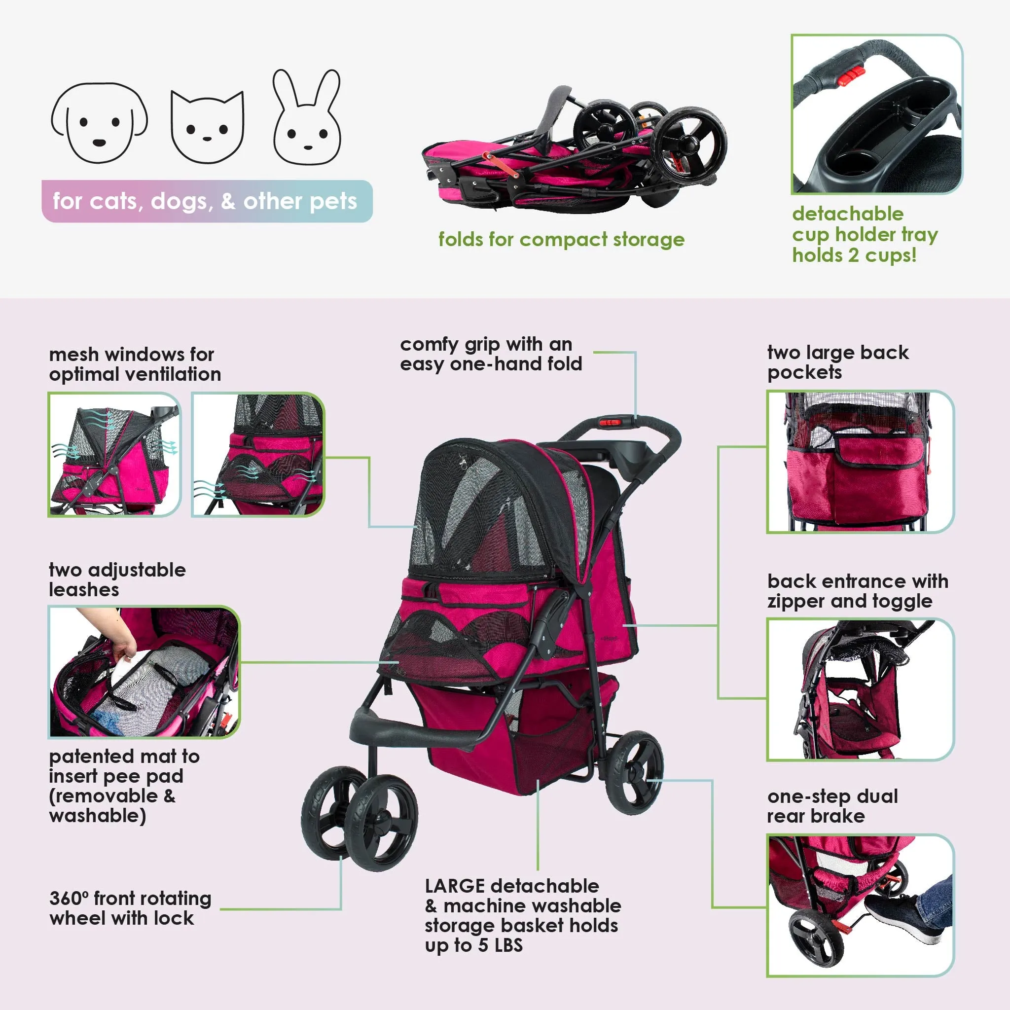 Petique Durable Pet Stroller with Rain/Weather Cover, Large Wheels, Easy Fold, Large Storage Basket, Secure Cup Holder Tray, for Small to Medium Dog, Cat, Bunny, Supports pets up to 55LBS - PINK