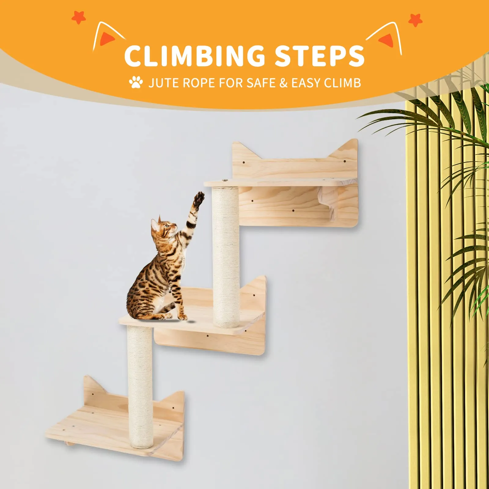 Pine Cat Wall Frame for Climbing, Set of 5 Furniture, Shelves and Perches, House, Sisal Post Ladder, Steps and Travel Platform