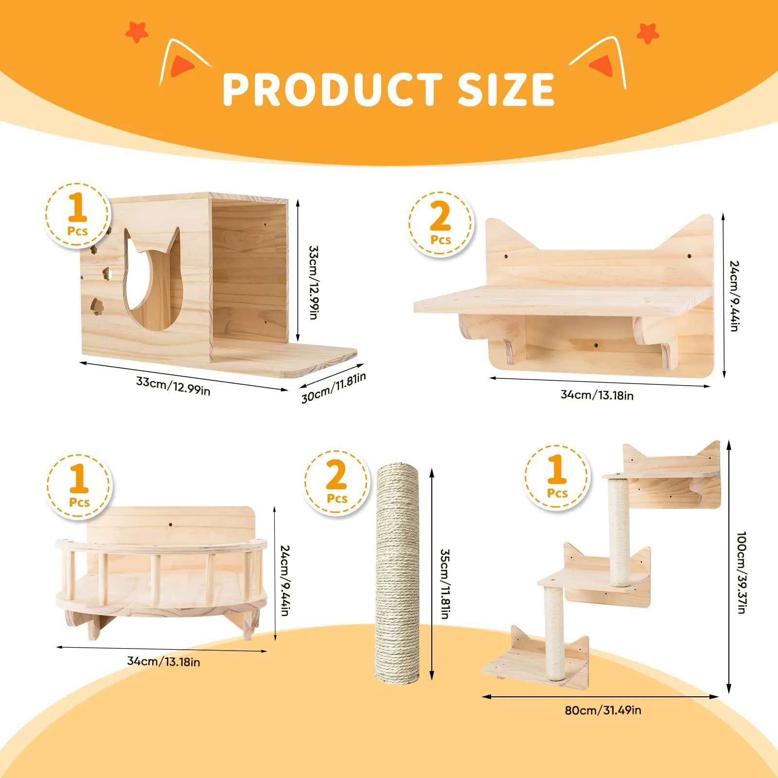 Pine Cat Wall Frame for Climbing, Set of 5 Furniture, Shelves and Perches, House, Sisal Post Ladder, Steps and Travel Platform