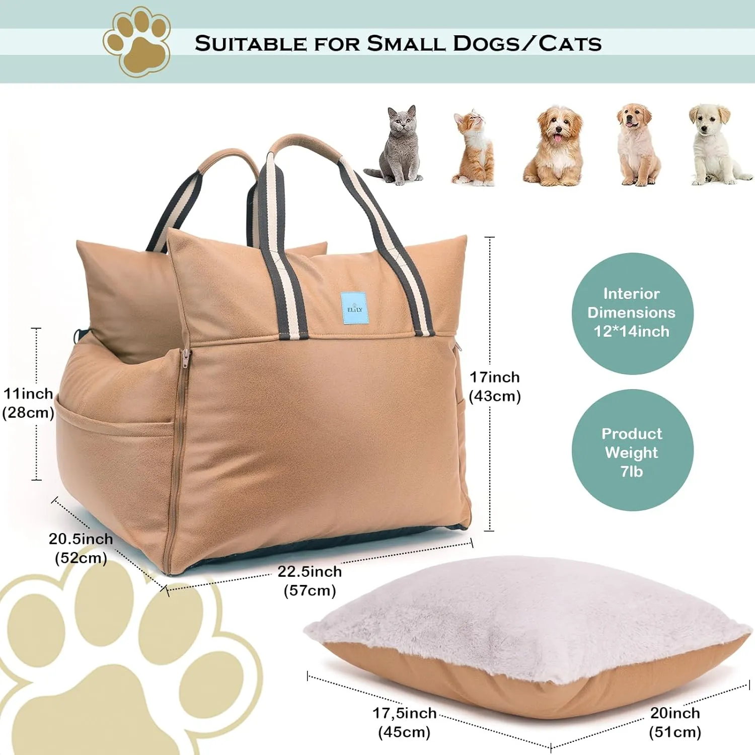 Premium PU Leather Dog Car Seat & Bed with Removable Sunshade, Travel Bed & Carrier for Small Dogs and Cats, Waterproof Dog Booster Seat for Front & Back Seat (Mocha, Without Sunshade)