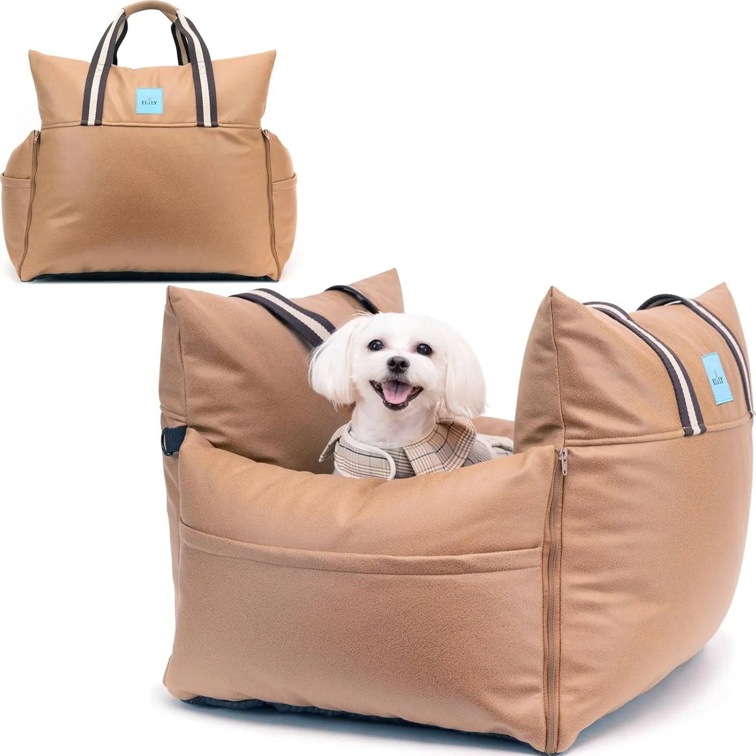 Premium PU Leather Dog Car Seat & Bed with Removable Sunshade, Travel Bed & Carrier for Small Dogs and Cats, Waterproof Dog Booster Seat for Front & Back Seat (Mocha, Without Sunshade)