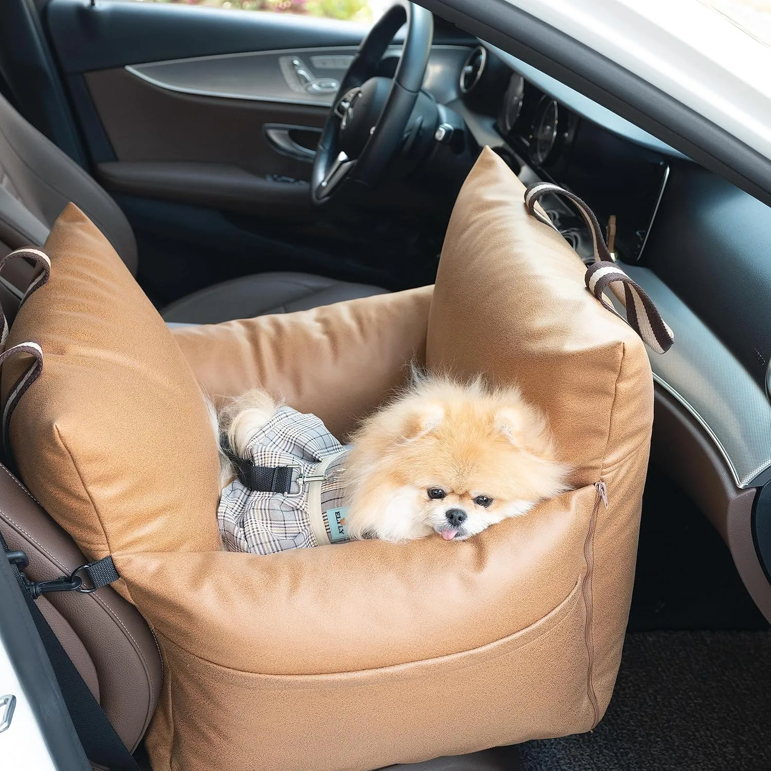 Premium PU Leather Dog Car Seat & Bed with Removable Sunshade, Travel Bed & Carrier for Small Dogs and Cats, Waterproof Dog Booster Seat for Front & Back Seat (Mocha, Without Sunshade)