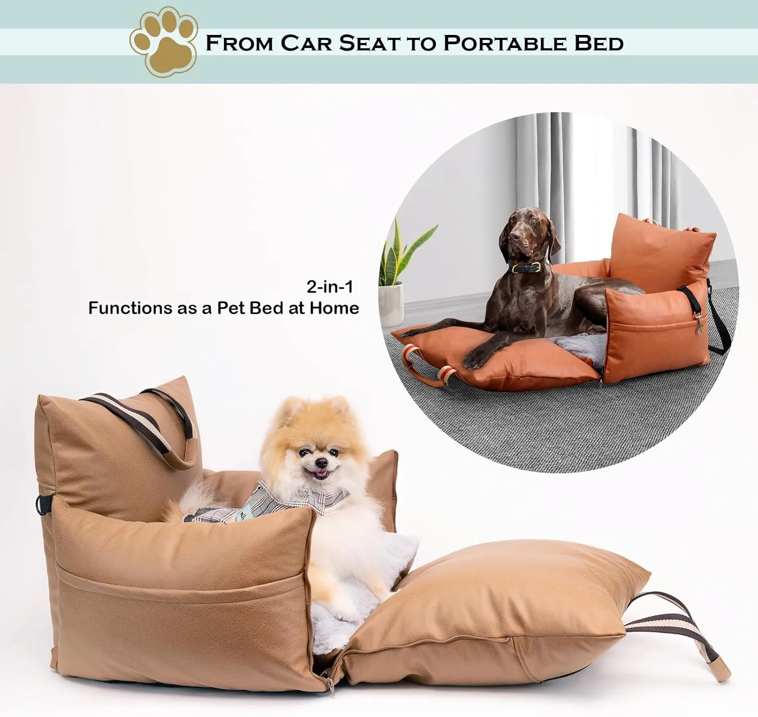 Premium PU Leather Dog Car Seat & Bed with Removable Sunshade, Travel Bed & Carrier for Small Dogs and Cats, Waterproof Dog Booster Seat for Front & Back Seat (Mocha, Without Sunshade)