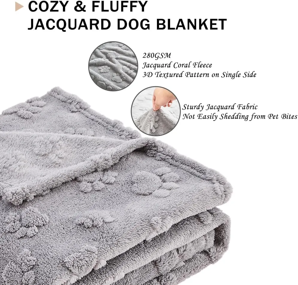 Qeils Jacquard Dog Blankets for Small Dogs, Cozy Calming Blanket for Indoor Cats, 280GSM Coral Fleece Plush Fluffy Throw Blanket, Grey Paws, 25x30IN